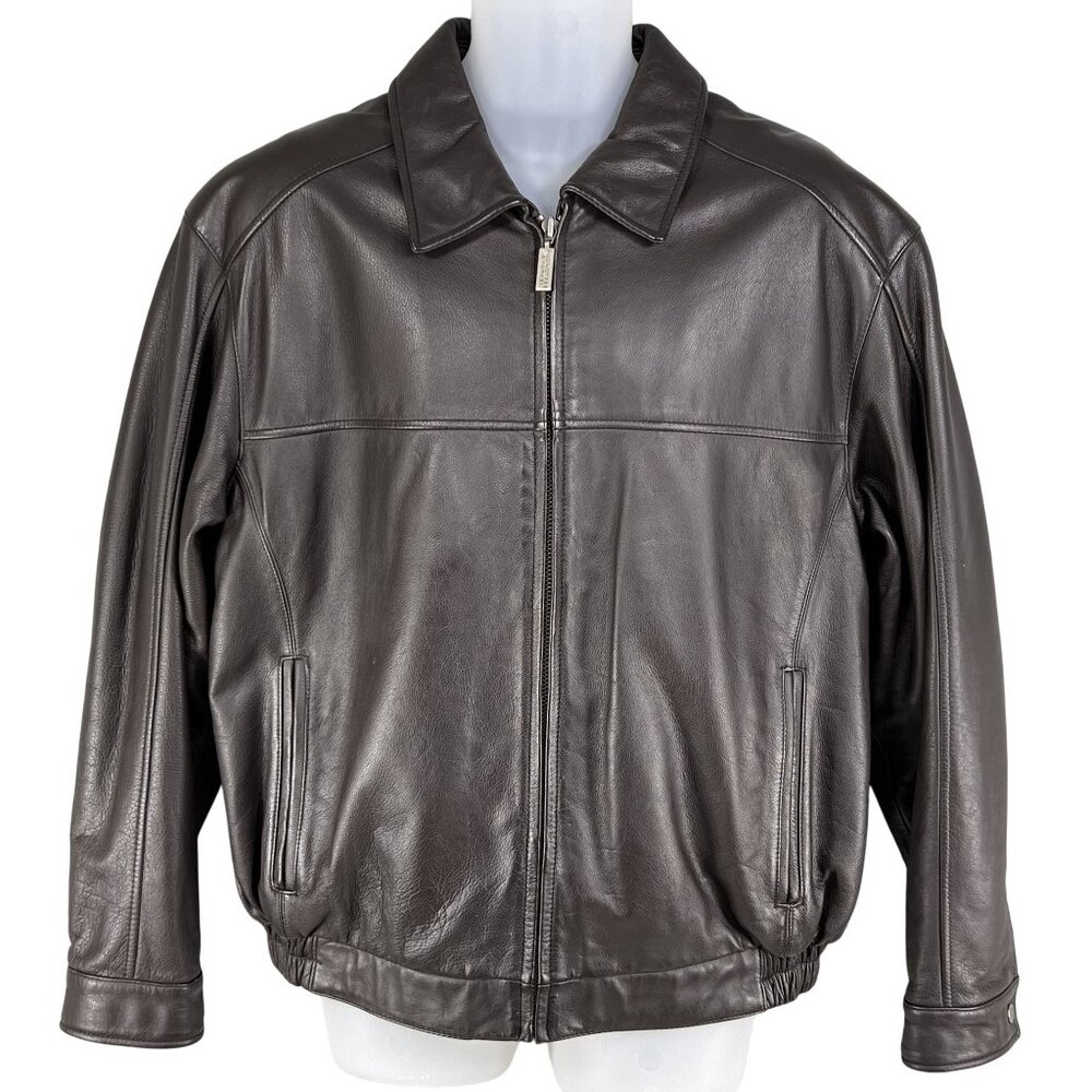 Roundtree & Yorke Leather Bomber Jacket Lined Mens L Zip Up Chocolate Brown VTG